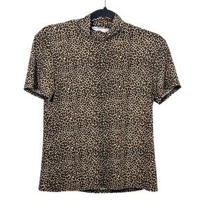 Ultimate Blues Vintage Sheer Leopard Print Edgy Short Sleeve Tan Brown Top Large